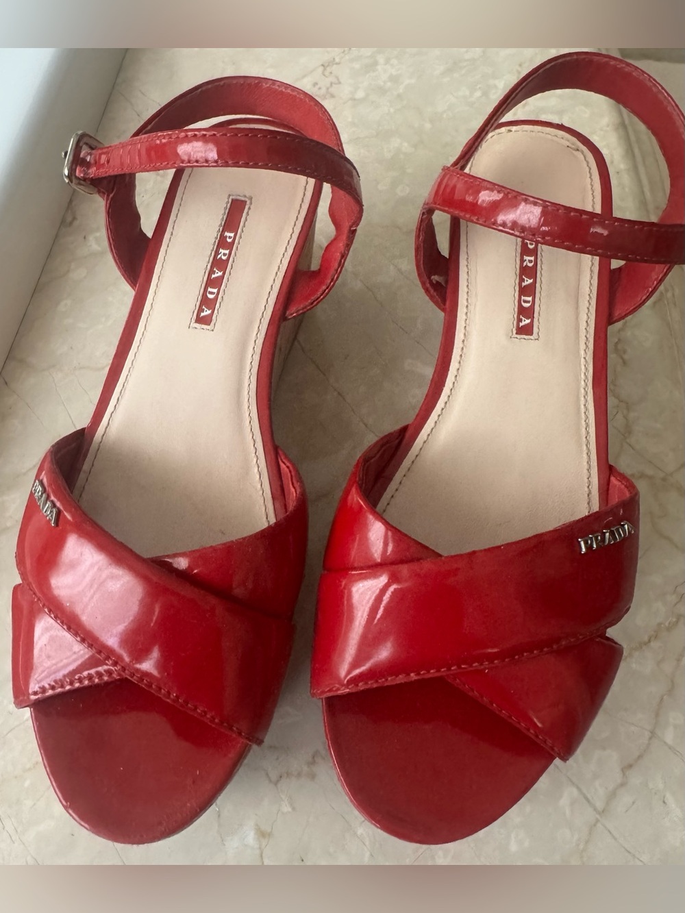 Prada Red Patent Leather Crisscross Ankle-Strap Sandals